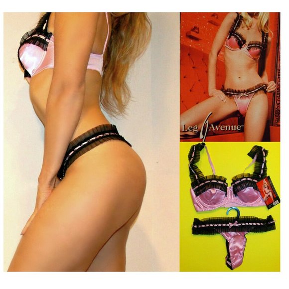 NWT Leg Avenue Chiffon Trim Balconette Bra and Thongs SET, S,M,L, Pink - Picture 1 of 7